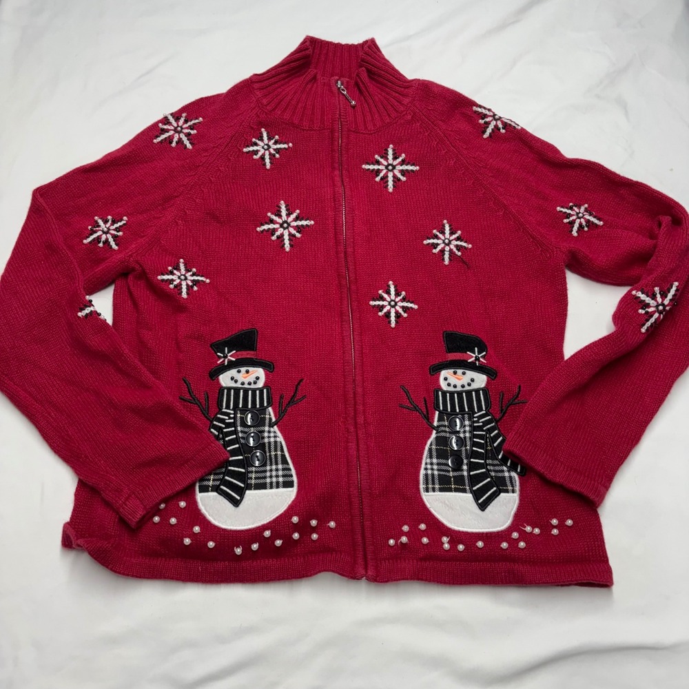 Mandal Bay Red Christmas Snowman Beaded Zip Front Cardigan Sweater Small